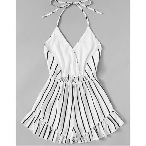 KEN 🖤 black white striped ruffle halter romper - Picture 2 of 2